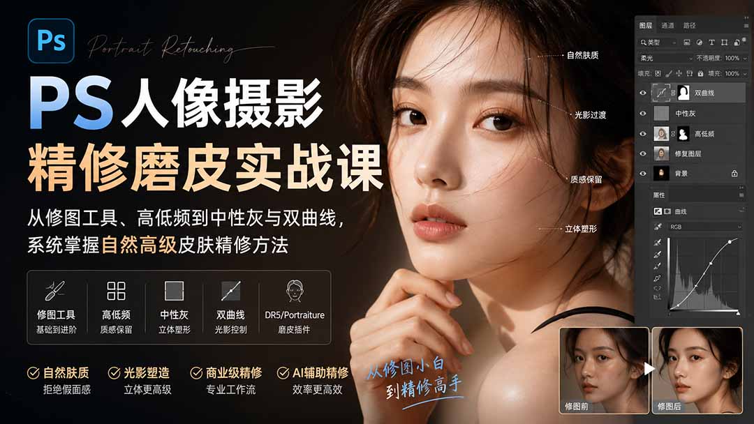 PS人像摄影精修磨皮实战课：从修图工具、高低频到中性灰与双曲线，系统掌握自然高级皮肤精修方法-副业网创