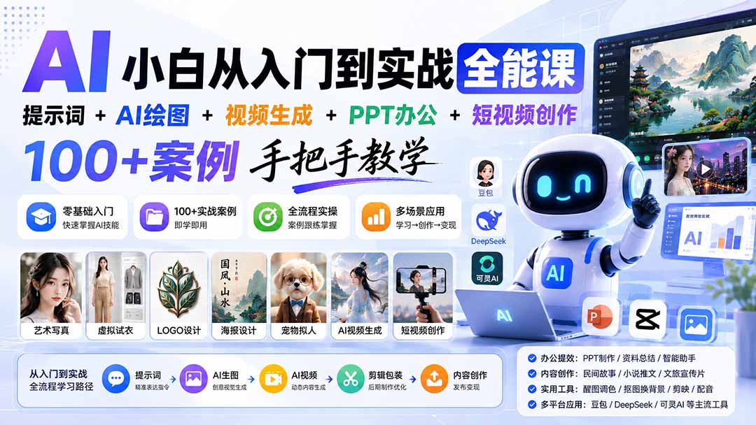 AI小白从入门到实战全能课：提示词+AI绘图+视频生成+PPT办公+短视频创作，100+案例手把手教学-副业网创