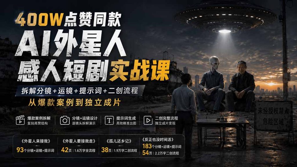 400W点赞同款AI外星人感人短剧实战课：拆解分镜+运镜+提示词+二创流程，从爆款案例到独立成片-副业网创