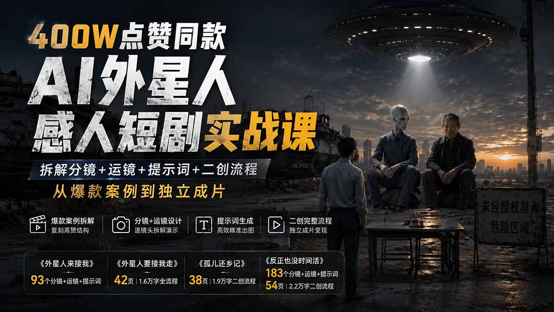 400W点赞同款AI外星人感人短剧实战课：拆解分镜+运镜+提示词+二创流程，从爆款案例到独立成片-副业网创