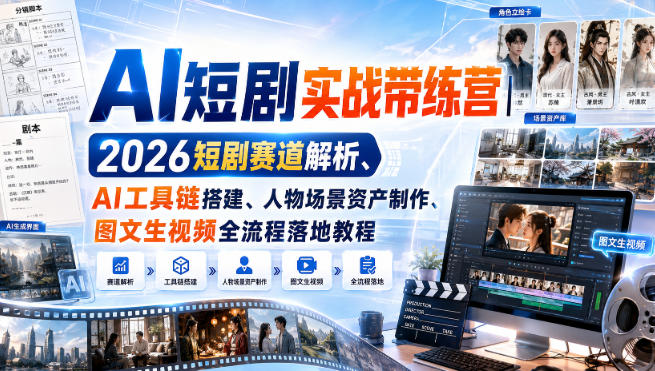 AI短剧实战带练营｜2026短剧赛道解析、AI工具链搭建、人物场景资产制作、图文生视频全流程落地教程-副业网创