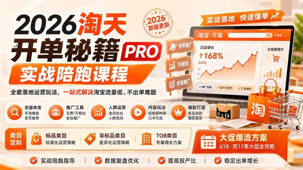 2026淘天开单秘籍PRO实战陪跑课程：全套落地运营玩法，一站式解决淘宝流量低、不出单难题(更新260823-副业网创
