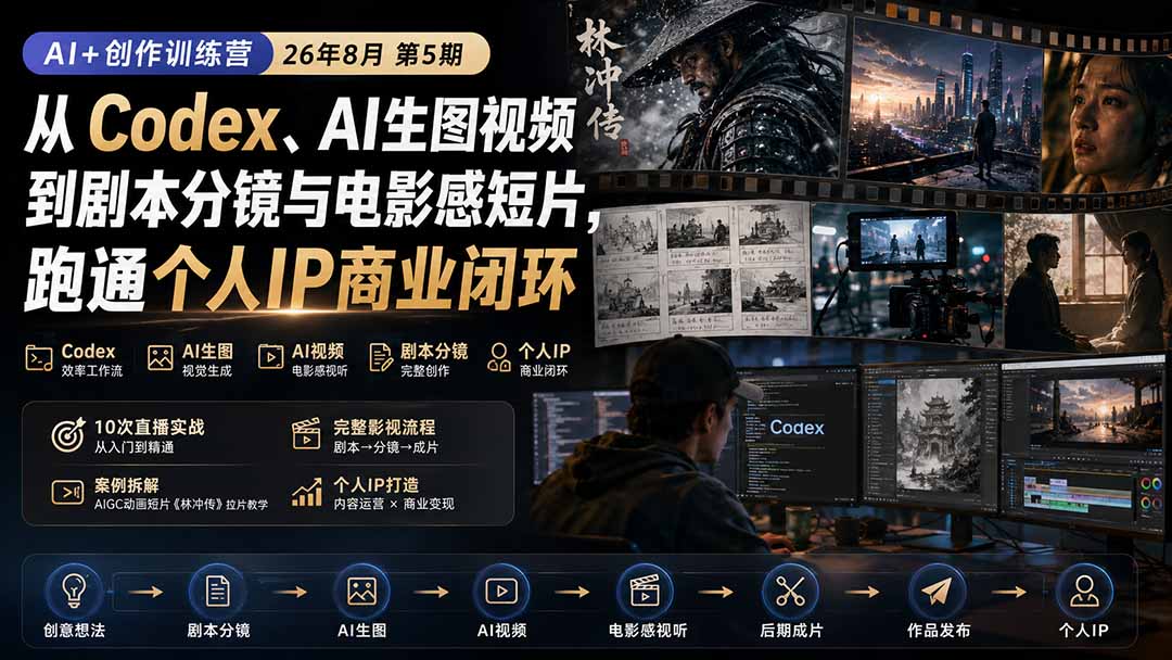 AI+创作训练营26年8月第5期：从Codex、AI生图视频到剧本分镜与电影感短片，跑通个人IP商业闭环-副业网创