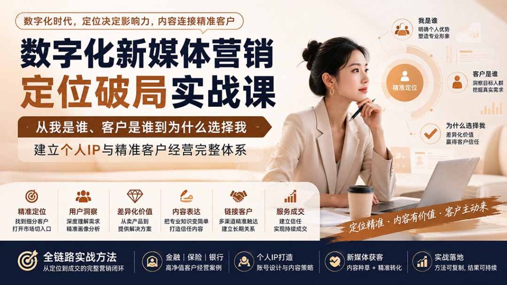 数字化新媒体营销定位破局实战课：从我是谁、客户是谁到为什么选择我，建立个人IP与精准客户经营完整体系-副业网创