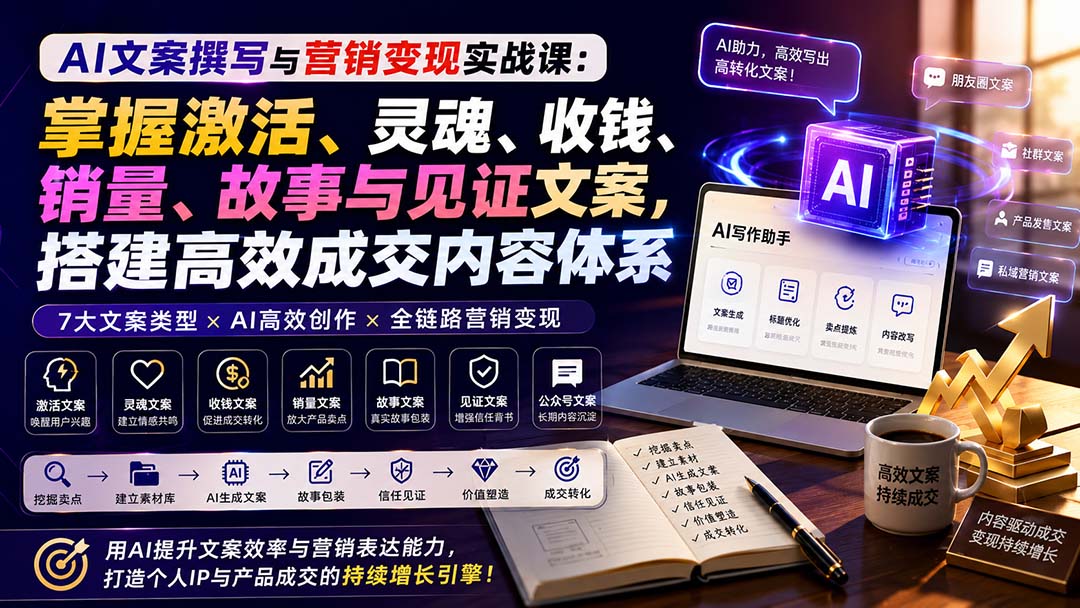 AI文案撰写与营销变现实战课：掌握激活、灵魂、收钱、销量、故事与见证文案，搭建高效成交内容体系-副业网创
