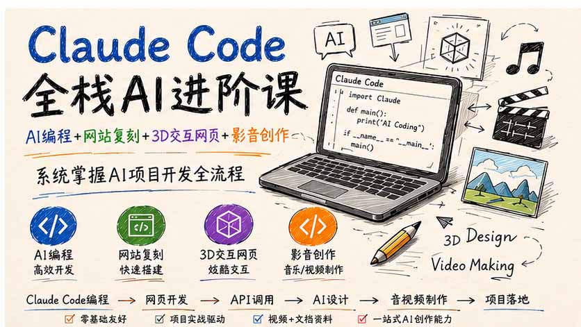 Claude Code全栈AI进阶课；AI编程+网站复刻+3D交互网页+影音创作，系统掌握AI项目开发全流程-副业网创