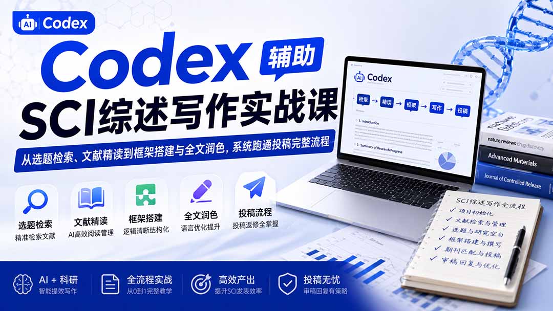Codex辅助SCI综述写作实战课——从选题检索、文献精读到框架搭建与全文润色，系统跑通投稿完整流程-副业网创