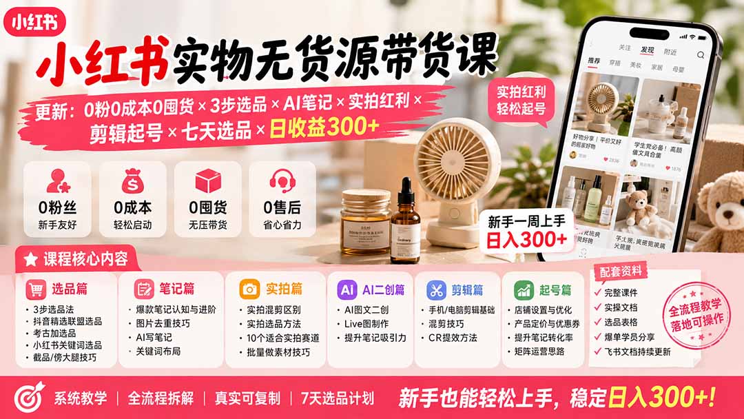 小红书实物无货源带货课-更新:0粉0成本0囤货×3步选品×AI笔记×实拍红利×剪辑起号×七天选品×日收益300+-副业网创