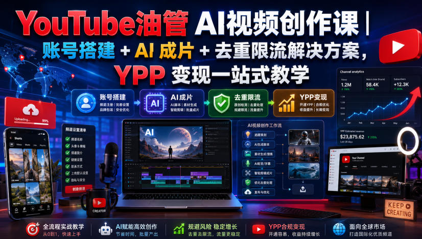 YouTube油管AI视频创作课｜账号搭建+AI成片+去重限流解决方案，YPP变现一站式教学-副业网创