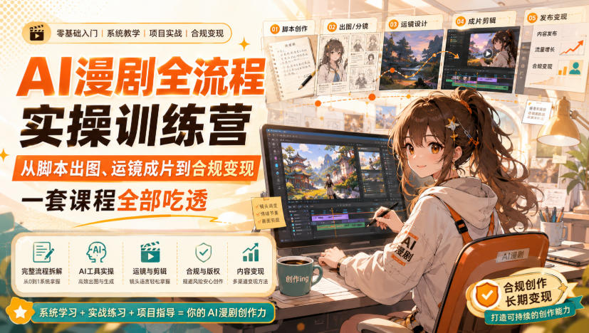 AI漫剧全流程实操训练营,从脚本出图、运镜成片到合规变现,一套课程全部吃透-副业网创