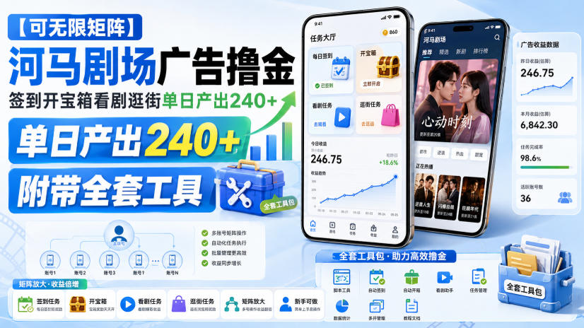 【可无限矩阵】河马剧场广告撸金,签到开宝箱看剧逛街单日产出240+,附带全套工具【揭秘】-副业网创