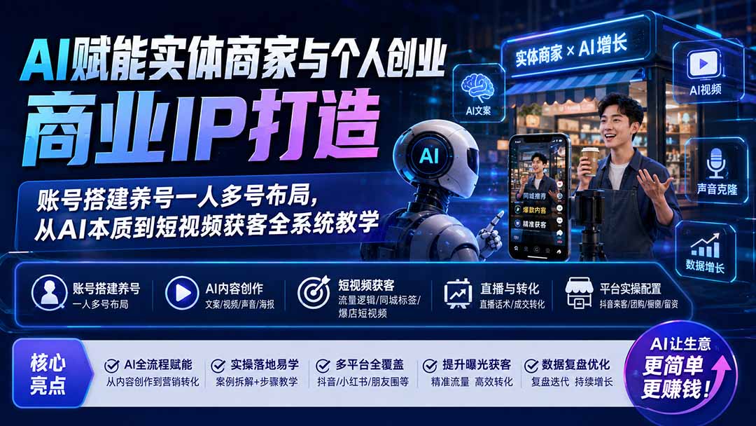 AI赋能实体商家与个人创业商业IP打造；账号搭建养号一人多号布局，从AI本质到短视频获客全系统教学-副业网创