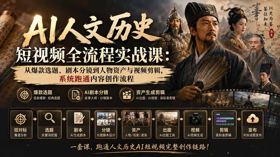 AI人文历史短视频全流程实战课：从爆款选题、剧本分镜到人物资产与视频剪辑，系统跑通内容创作流程-副业网创