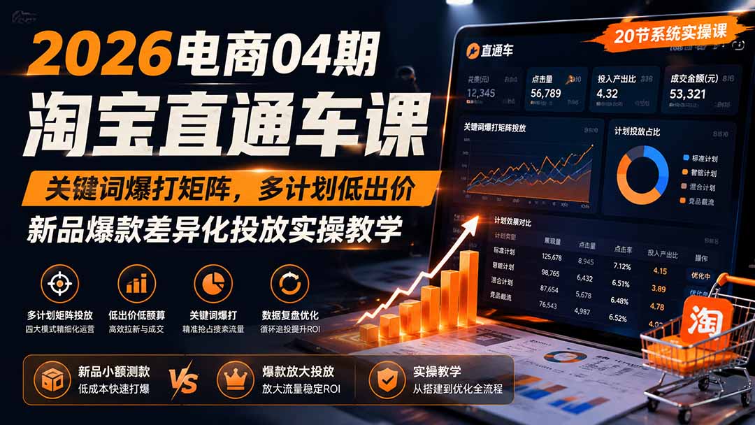 2026电商04期淘宝直通车课|关键词爆打矩阵,多计划低出价,新品爆款差异化投放实操教学-副业网创
