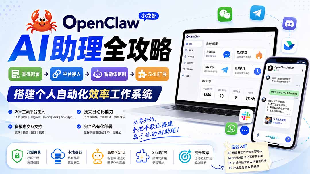 OpenClaw小龙虾 AI助理全攻略:基础部署→平台接入→智能体定制→Skill扩展,搭建个人自动化效率工作系统-副业网创