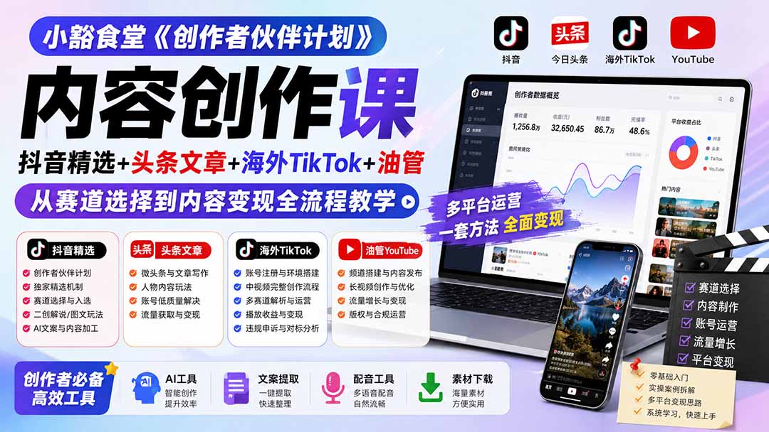 小豁食堂《创作者伙伴计划》内容创作课:抖音精选+头条文章+海外TikTok+油管,从赛道选择到内容变现全流程教学-副业网创