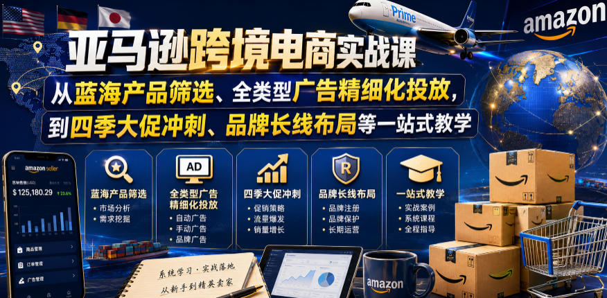 亚马逊跨境电商实战课，从蓝海产品筛选、全类型广告精细化投放，到四季大促冲刺、品牌长线布局等一站式教学(更新0831)-副业网创