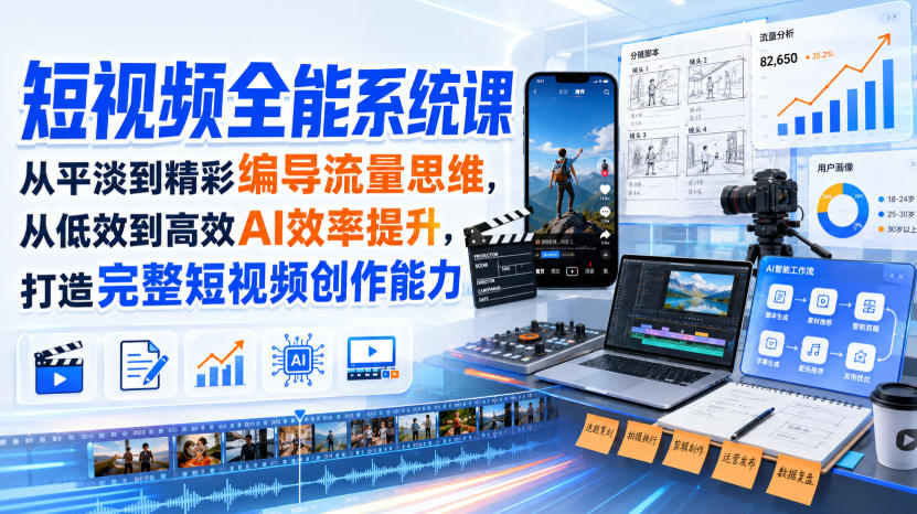 短视频全能系统课，从平淡到精彩编导流量思维，从低效到高效AI效率提升，打造完整短视频创作能力(2026年8月30更新233集)-副业网创