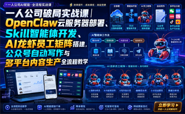 一人公司破局实战课|OpenClaw云服务器部署、Skill智能体开发、AI龙虾员工矩阵搭建,公众号自动写作与多平台内容生产全流程教学-副业网创