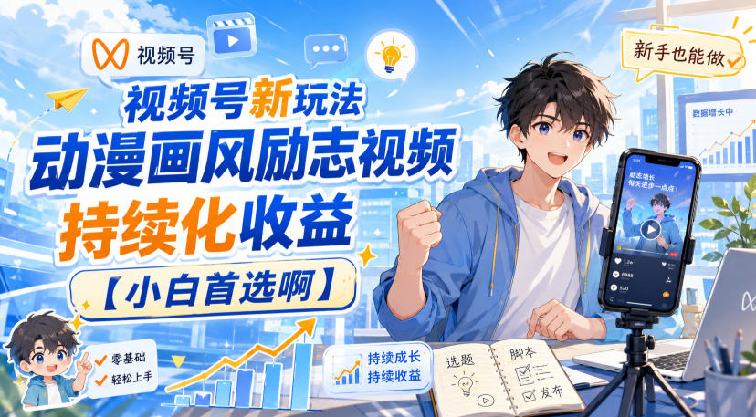 视频号新玩法动漫画风励志视频，持续化收益【小白首选啊】-副业网创