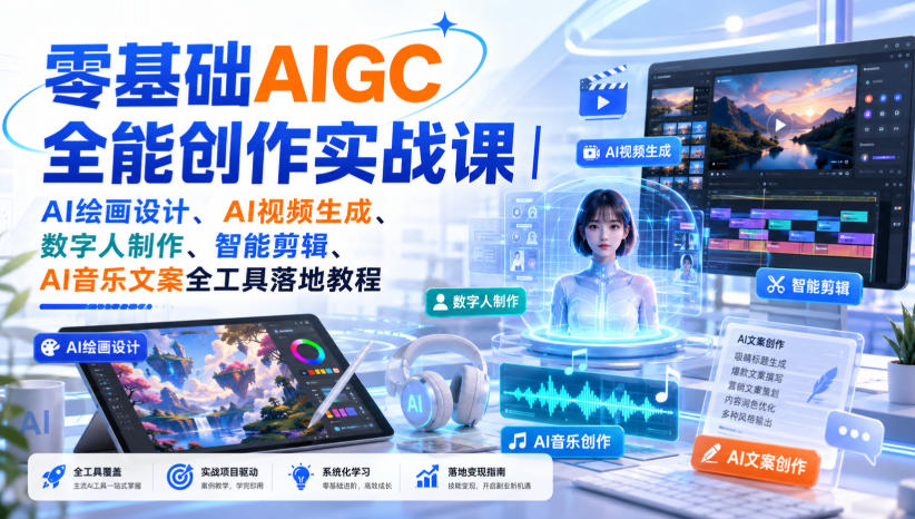 零基础AIGC全能创作实战课|AI绘画设计、AI视频生成、数字人制作、智能剪辑、AI音乐文案全工具落地教程-副业网创