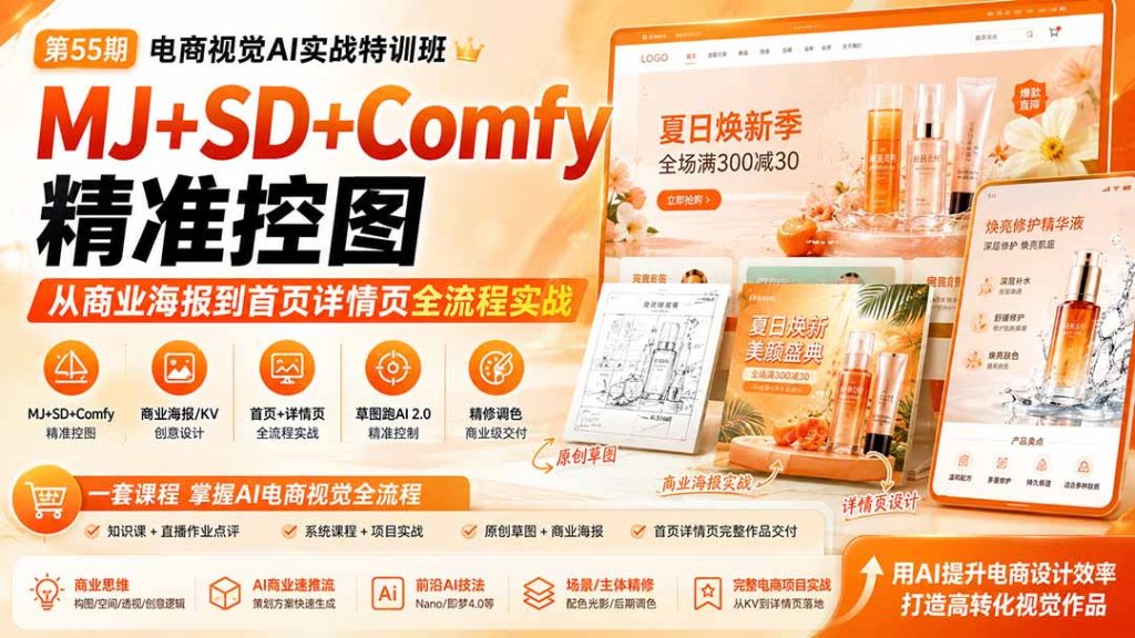 电商视觉 AI实战训练营第55期:MJ+SD+Comfy精准控图,从商业海报到首页详情页全流程实战-副业网创