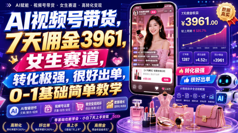 AI视频号带货，7天佣金3961，女生赛道，转化极强，很好出单，0-1基础简单教学-副业网创