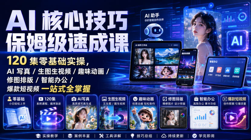 AI核心技巧保姆级速成课|120集零基础实操,AI写真/生图生视频/趣味动画/修图排版/智能办公/爆款短视频一站式全掌握(更新)-副业网创