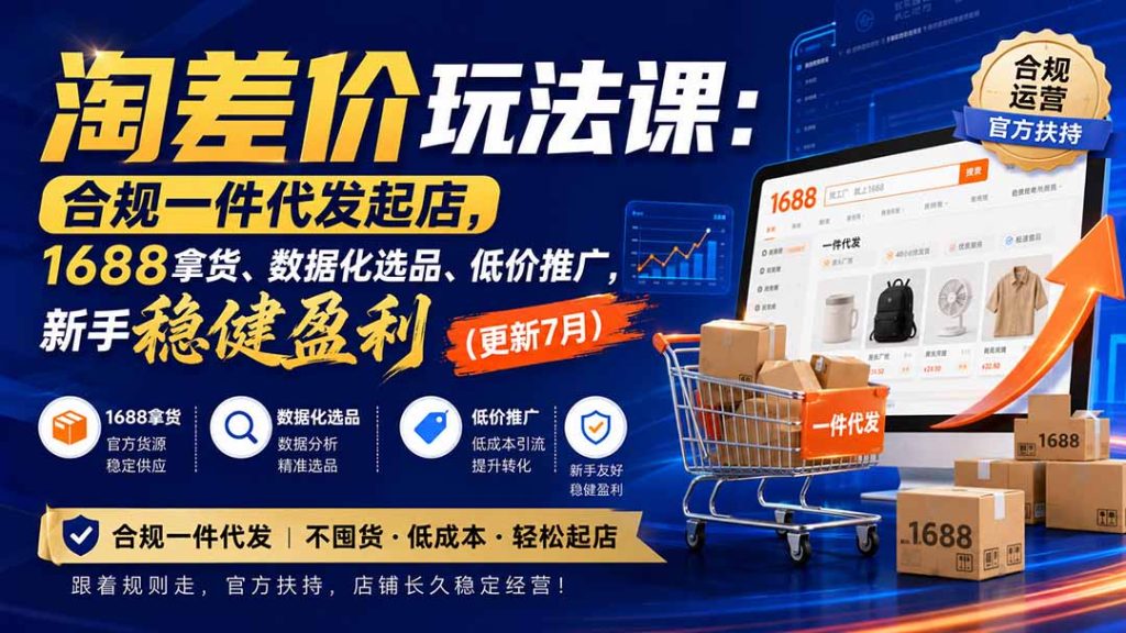 淘差价玩法课:合规一件代发起店,1688拿货、数据化选品、低价推广,新手稳健盈利(更新8月-副业网创