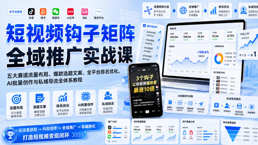 短视频钩子矩阵全域推广实战课｜五大赛道流量布局、爆款选题文案、全平台排名优化、AI批量创作与私域导流全体系教程-副业网创