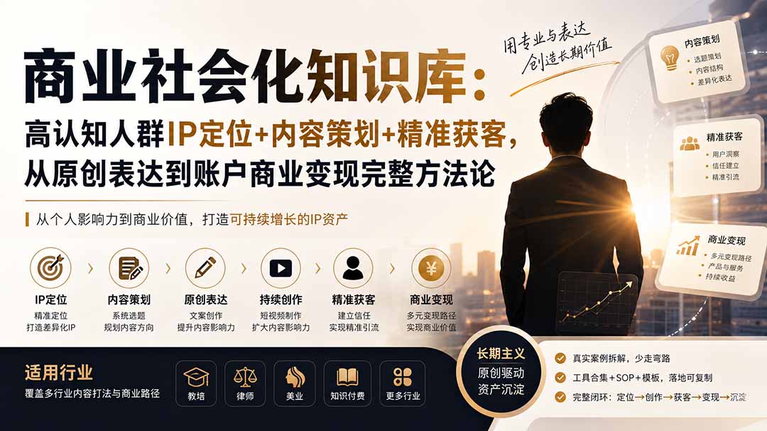 商业社会化知识库:高认知人群IP定位+内容策划+精准获客,从原创表达到账户商业变现完整方法论-副业网创