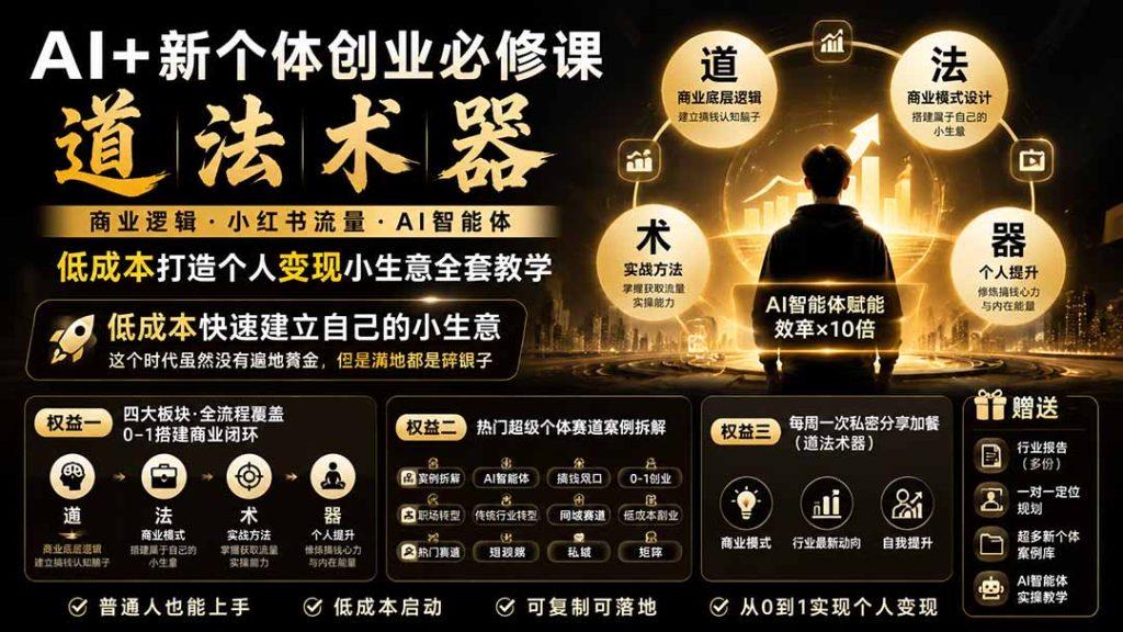 AI+新个体创业必修课｜道法术器｜商业逻辑·小红书流量·AI智能体｜低成本打造个人变现小生意全套教学-副业网创