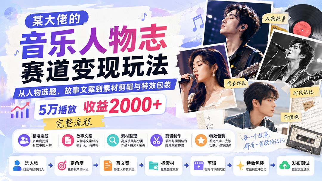 某大佬的音乐人物志赛道变现玩法：从人物选题、故事文案到素材剪辑与特效包装，5万播放收益2000+完整流程-副业网创