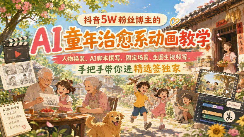 抖音5W粉丝博主的AI童年治愈系动画教学，人物换装、AI脚本撰写、固定场景、生图生视频等，手把手带你进精选签独家-副业网创