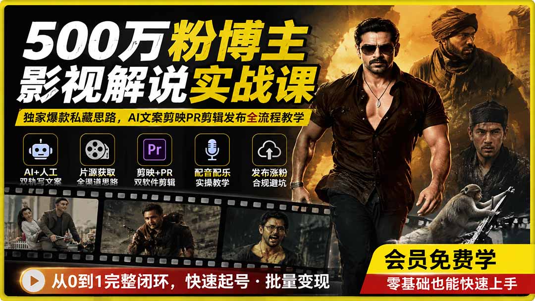500万粉博主影视解说实战课|独家爆款私藏思路,AI文案剪映PR剪辑发布全流程教学-副业网创