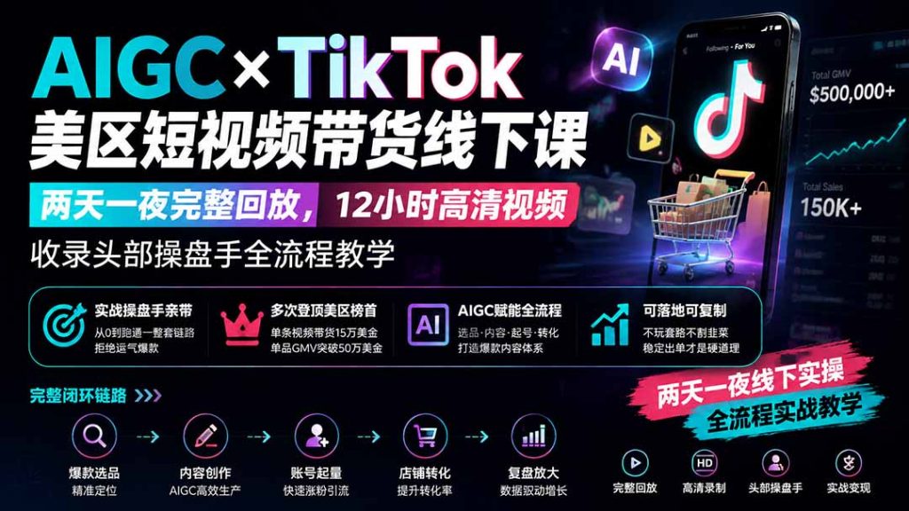 AIGC×TikTok美区短视频带货线下课；两天一夜完整回放，12小时高清视频收录头部操盘手全流程教学-副业网创