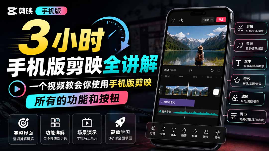 3小时手机版剪映全讲解，一个视频教会你使用手机版剪映，所有的功能和按钮-副业网创