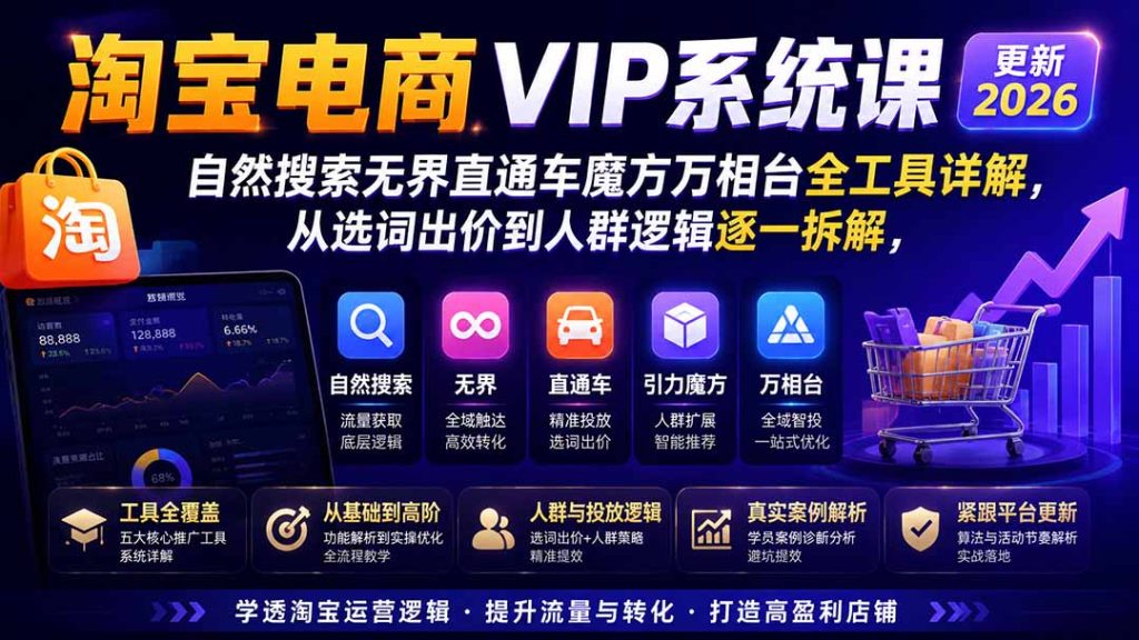 2026淘宝电商终局之战VIP课-更新：自然搜索+直通车+无界+精准人群，系统掌握测款动销与全店推广布局方法-副业网创