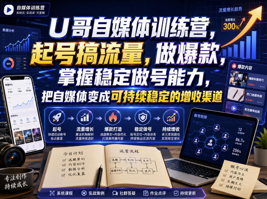 U哥自媒体训练营,起号搞流量,做爆款,掌握稳定做号能力,把自媒体变成可持续稳定的增收渠道-副业网创