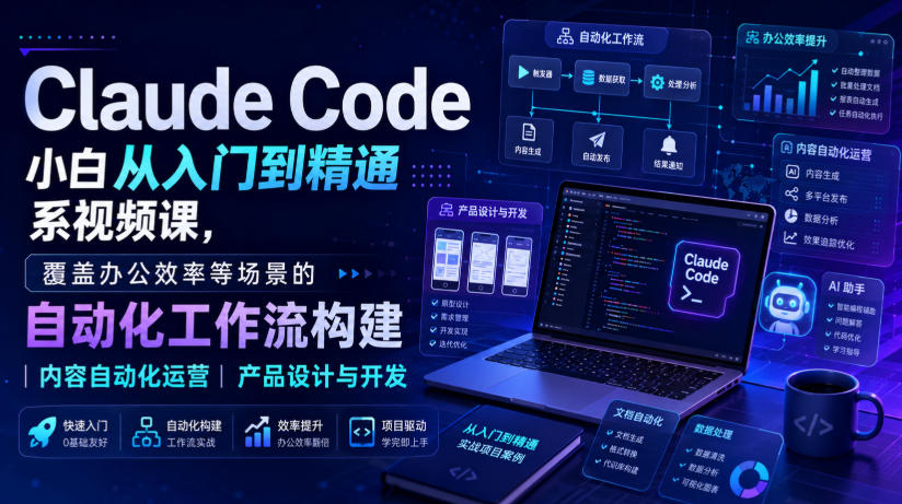 Claude Code小白从入门到精通系视频课，覆盖办公效率等场景的自动化工作流构建|内容自动化运营|产品设计与开发-副业网创