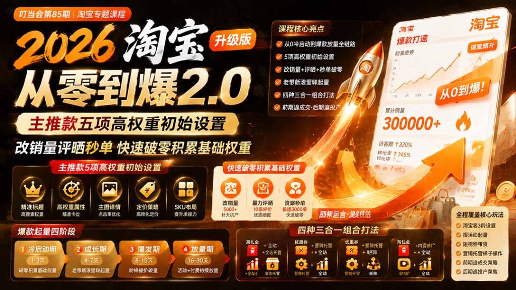 2026淘宝从零到爆2.0第85期;主推款五项高权重初始设置,改销量评晒秒单快速破零积累基础权重-副业网创