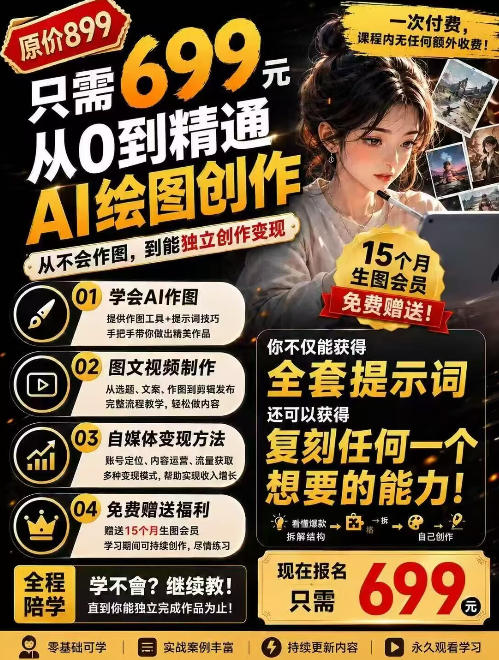 抖音10W粉丝博主的AI绘图教学，从0到精通AI绘图创作，从不会作图到能独立创作变现-副业网创