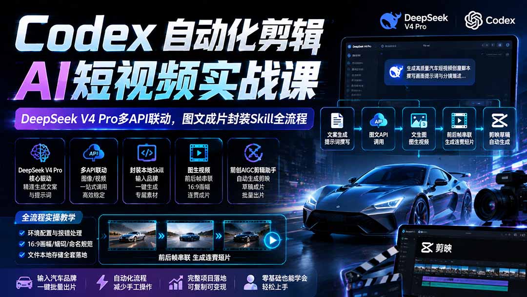 Codex自动化剪辑AI短视频实战课|DeepSeek V4 Pro多API联动,图文成片封装Skill全流程-副业网创