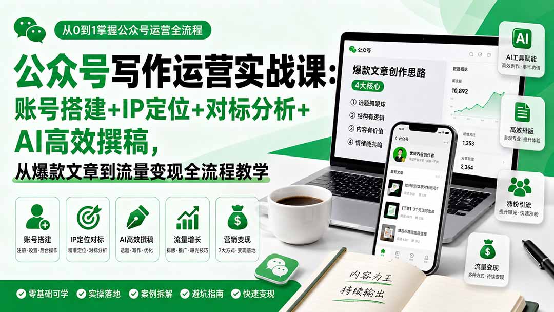 公众号写作运营实战课：账号搭建+IP定位+对标分析+AI高效撰稿，从爆款文章到流量变现全流程教学-副业网创