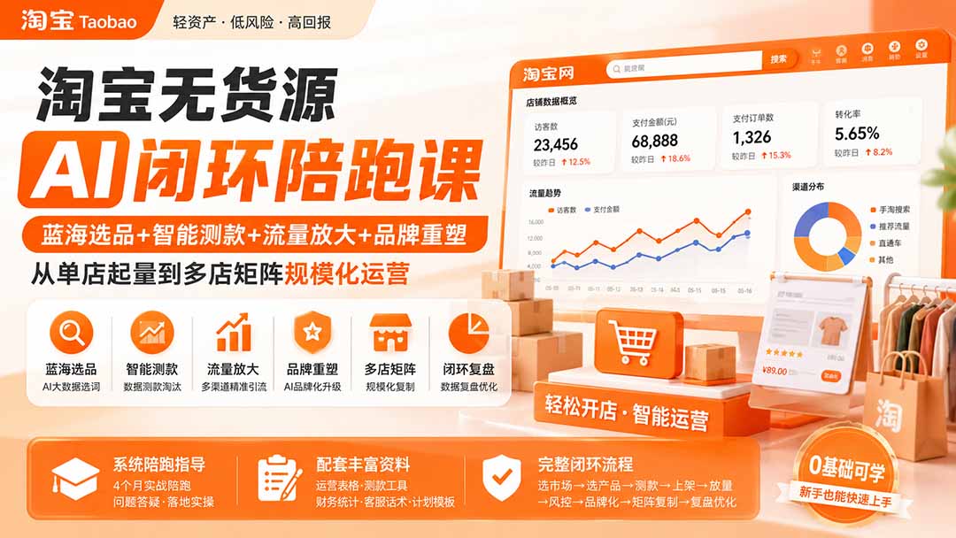 淘宝无货源AI闭环陪跑课：蓝海选品+智能测款+流量放大+品牌重塑，从单店起量到多店矩阵规模化运营-副业网创