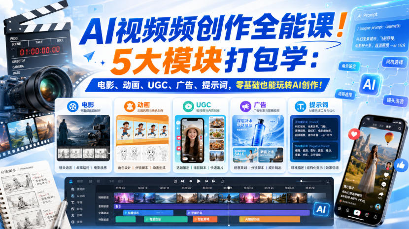 AI视频频创作全能课！5大模块打包学：电影、动画、UGC、广告、提示词，零基础也能玩转AI创作！【原创双语字幕】-副业网创
