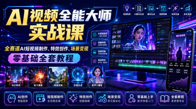 AI视频全能大师实战课｜全赛道AI短视频制作、特效创作、场景变现零基础全套教程-副业网创
