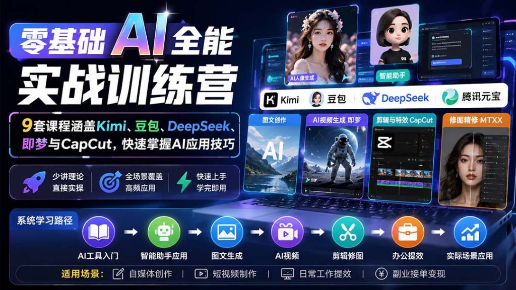 零基础AI全能实战训练营：9套课程涵盖Kimi、豆包、DeepSeek、即梦与CapCut，快速掌握AI应用技巧-副业网创