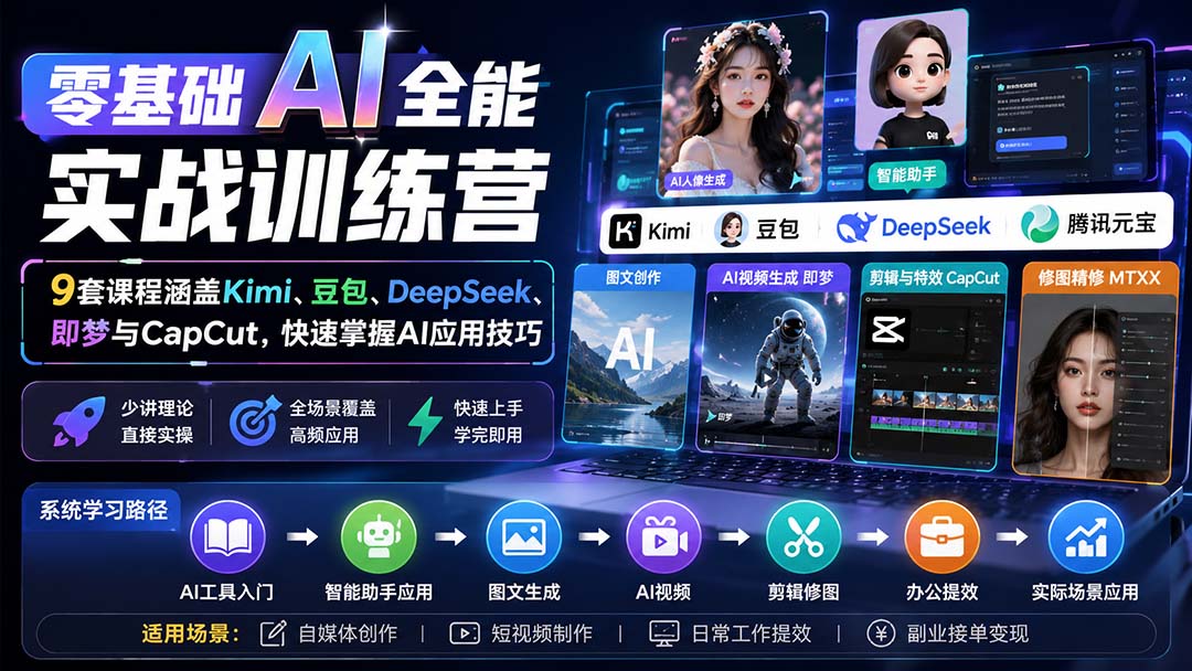 零基础AI全能实战训练营：9套课程涵盖Kimi、豆包、DeepSeek、即梦与CapCut，快速掌握AI应用技巧-副业网创