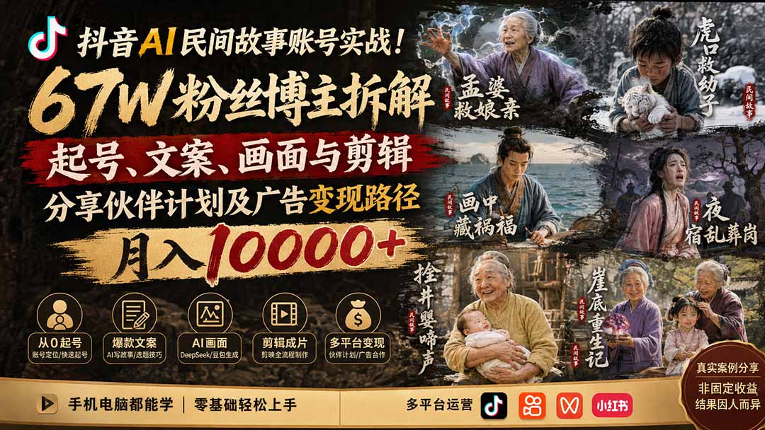 抖音AI民间故事账号实战！67W粉丝博主拆解起号、文案、画面与剪辑，分享伙伴计划及广告变现路径，月入10000+-副业网创